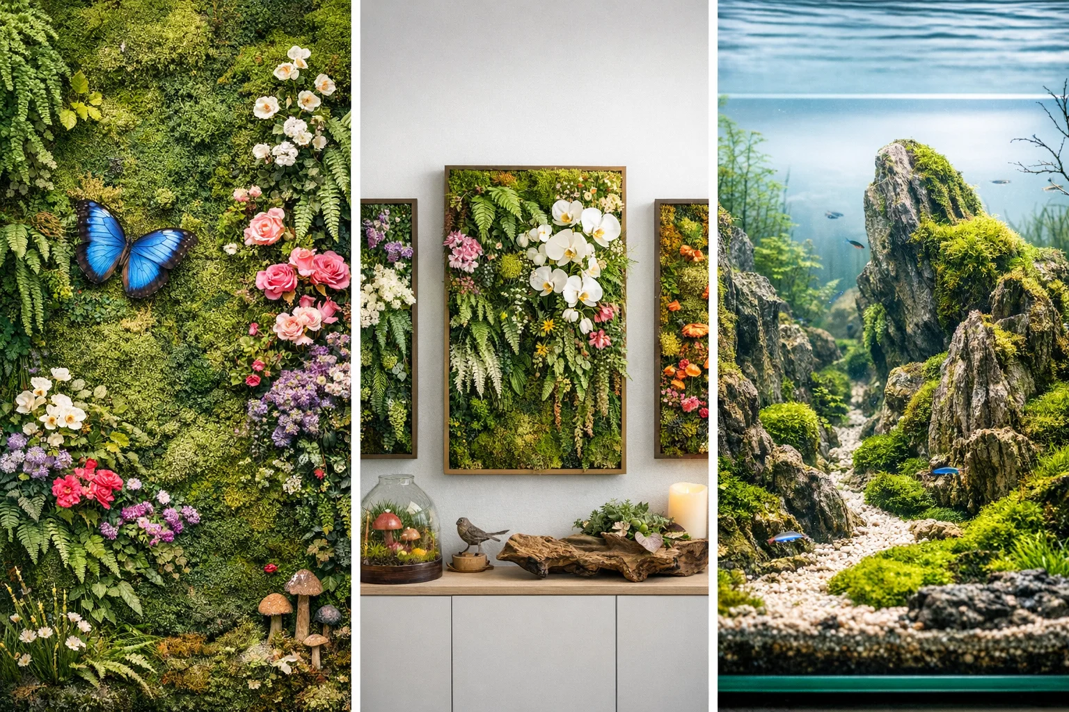 Conceito Moss & Form com jardim botânico, terrários e composição editorial