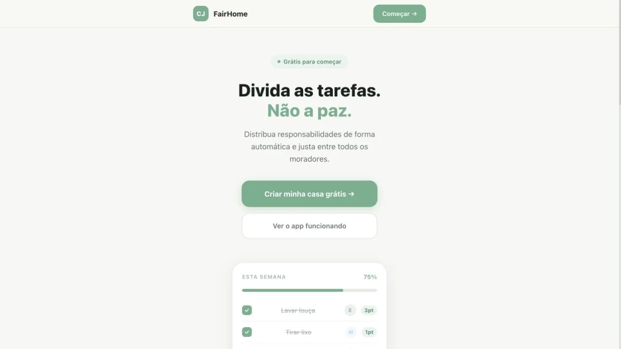 Página inicial do FairHome com a proposta de divisão justa das tarefas