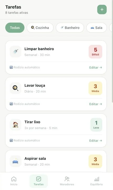 Lista de tarefas do FairHome com níveis de esforço e rodízio automático