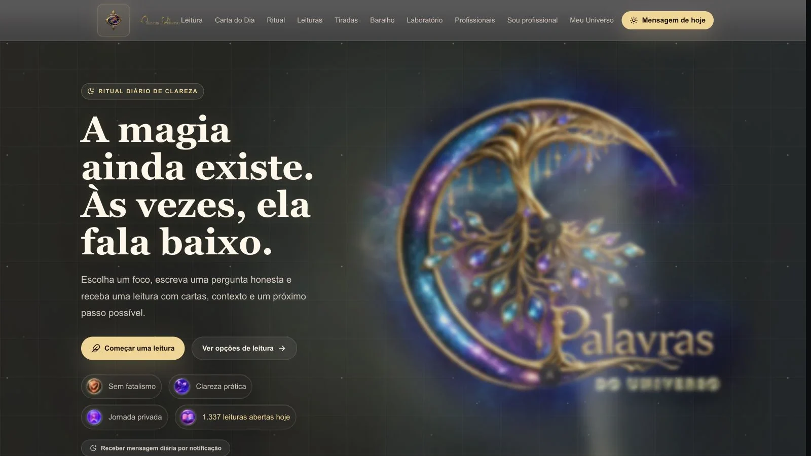 Página inicial do Palavras do Universo com convite para começar uma leitura