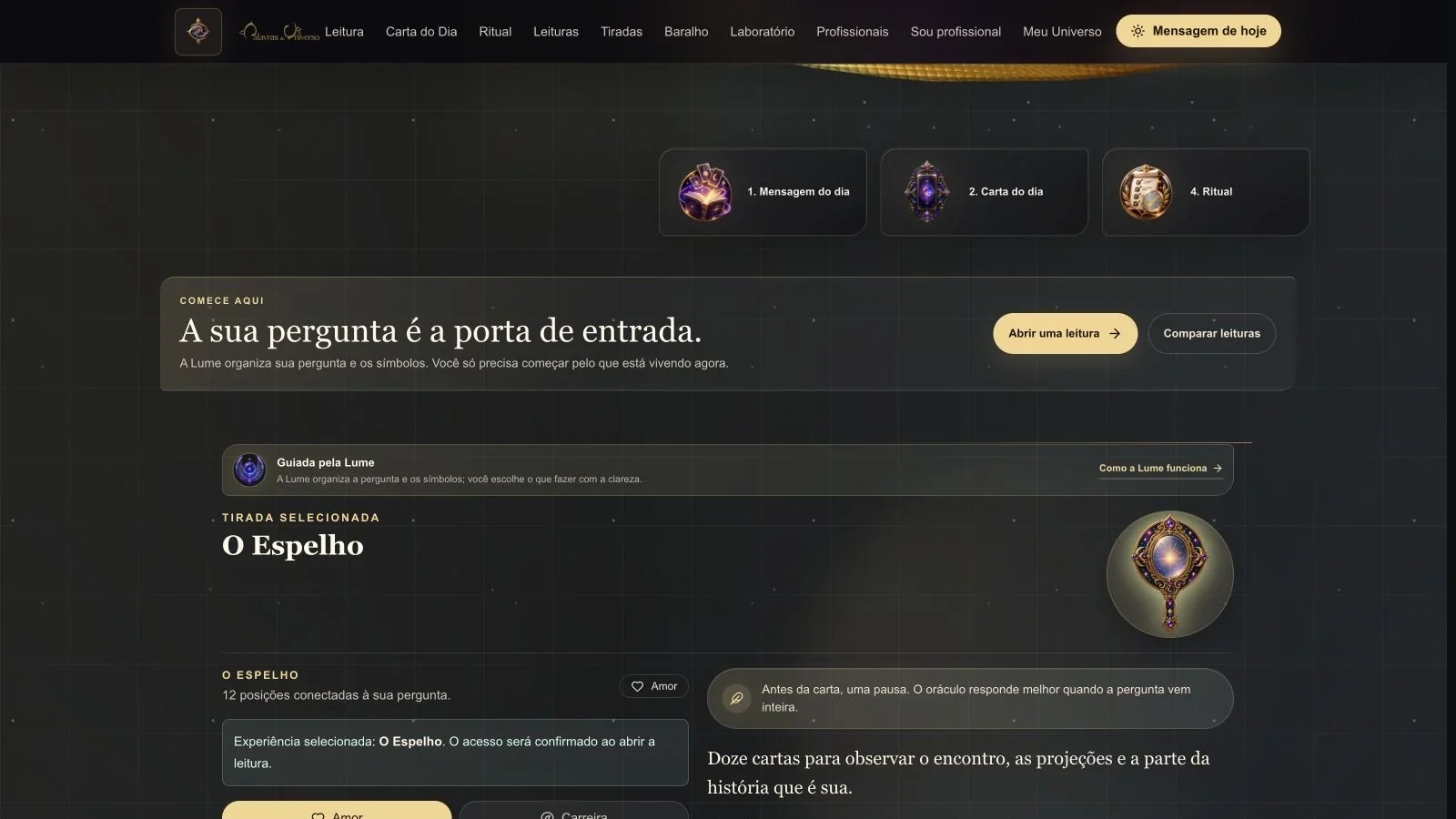 Jornada guiada de leitura do Palavras do Universo com a tiragem O Espelho